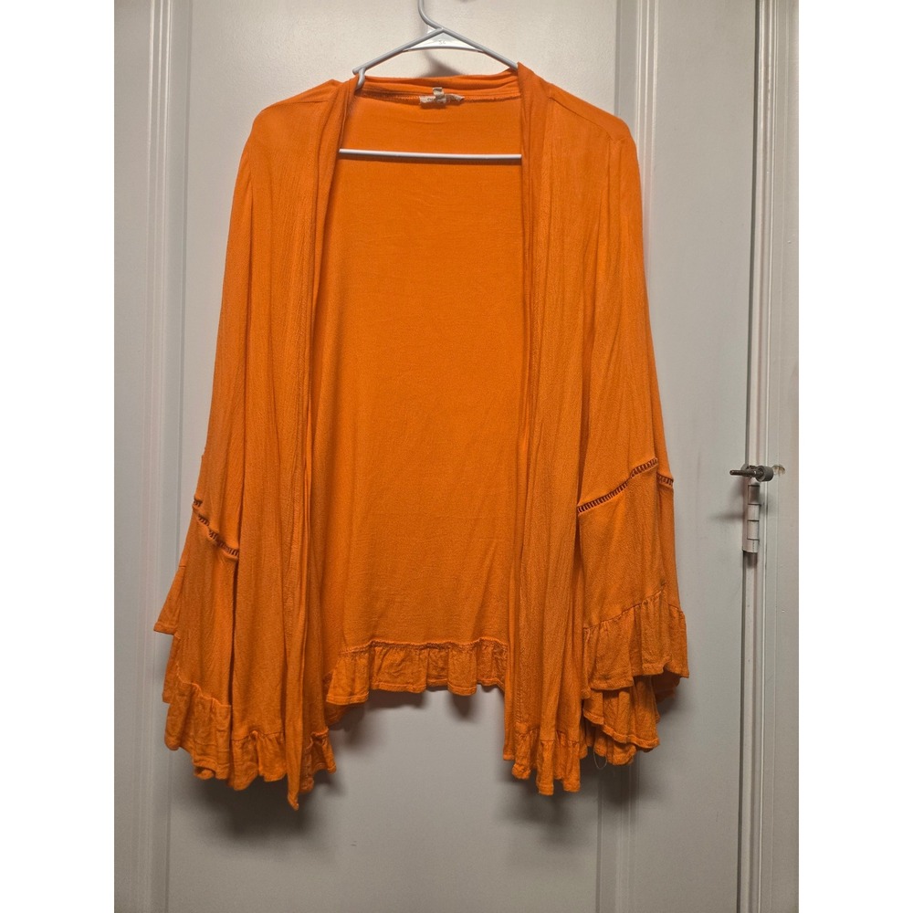 Andthewhy Orange Ruffle Bell Sleeve Open Front Cardigan Small Boho Lightweight